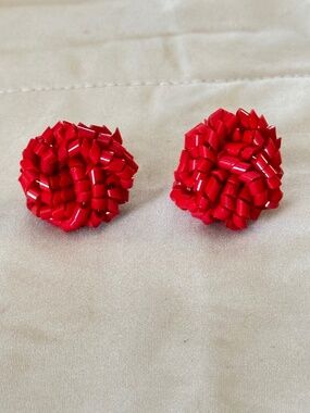 Bold Red Statement Earrings Vintage 80s Seed Bead Cluster Retro Pop Gift